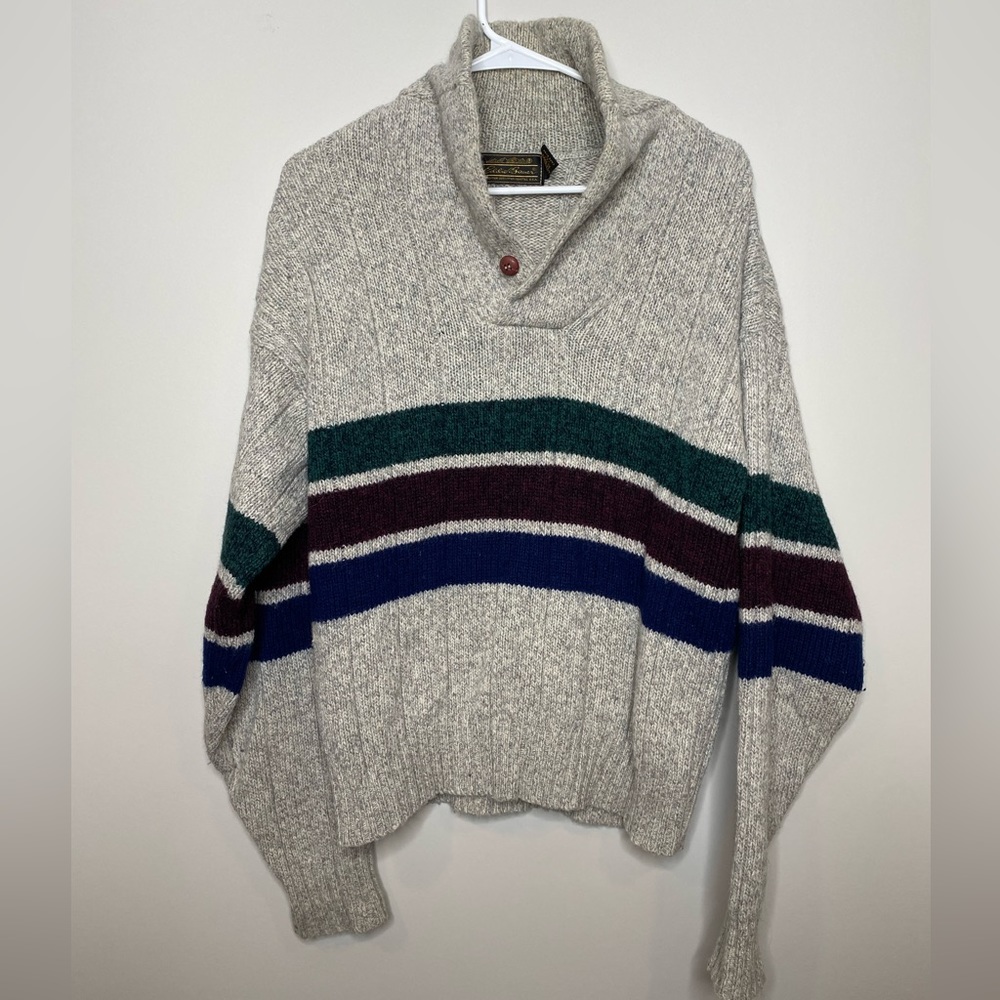 Vintage EDDIE BAUER Wool Blend Shawl Collar Sweater 3 Stripes Mens Size Large